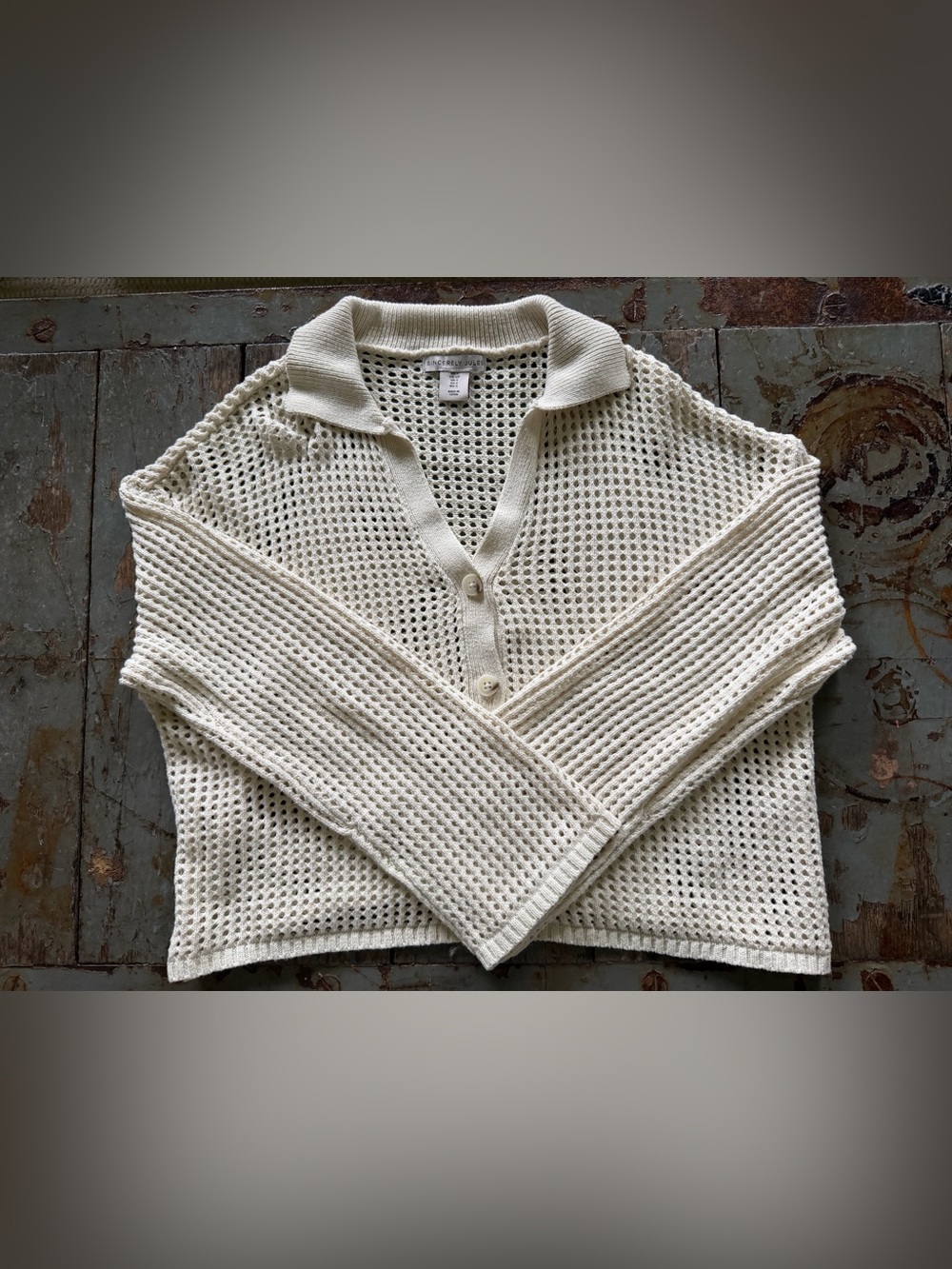 Sincerely Jules Open Knit Collared Button-Front Sweater - Cream